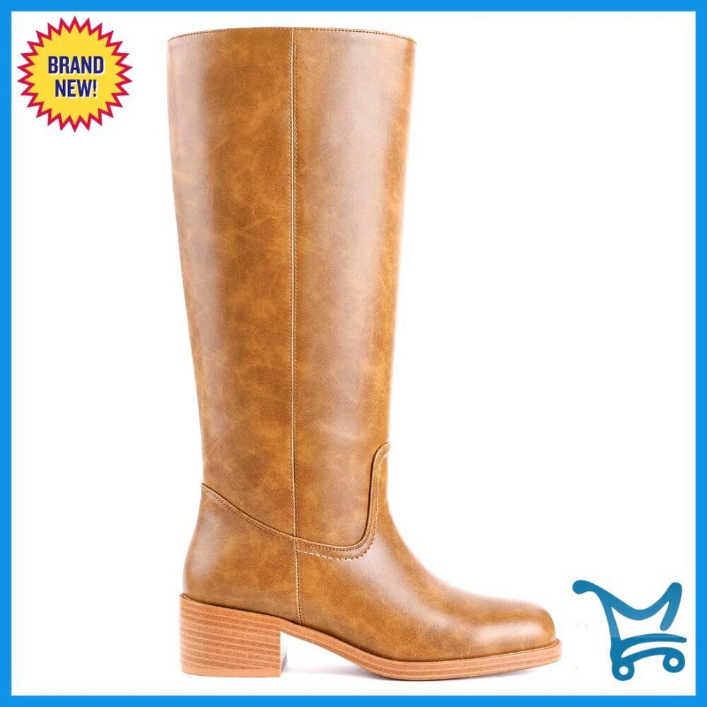 Knee High Boots Square Toe Chunky Heel Pull On Wide Calf Riding Boots